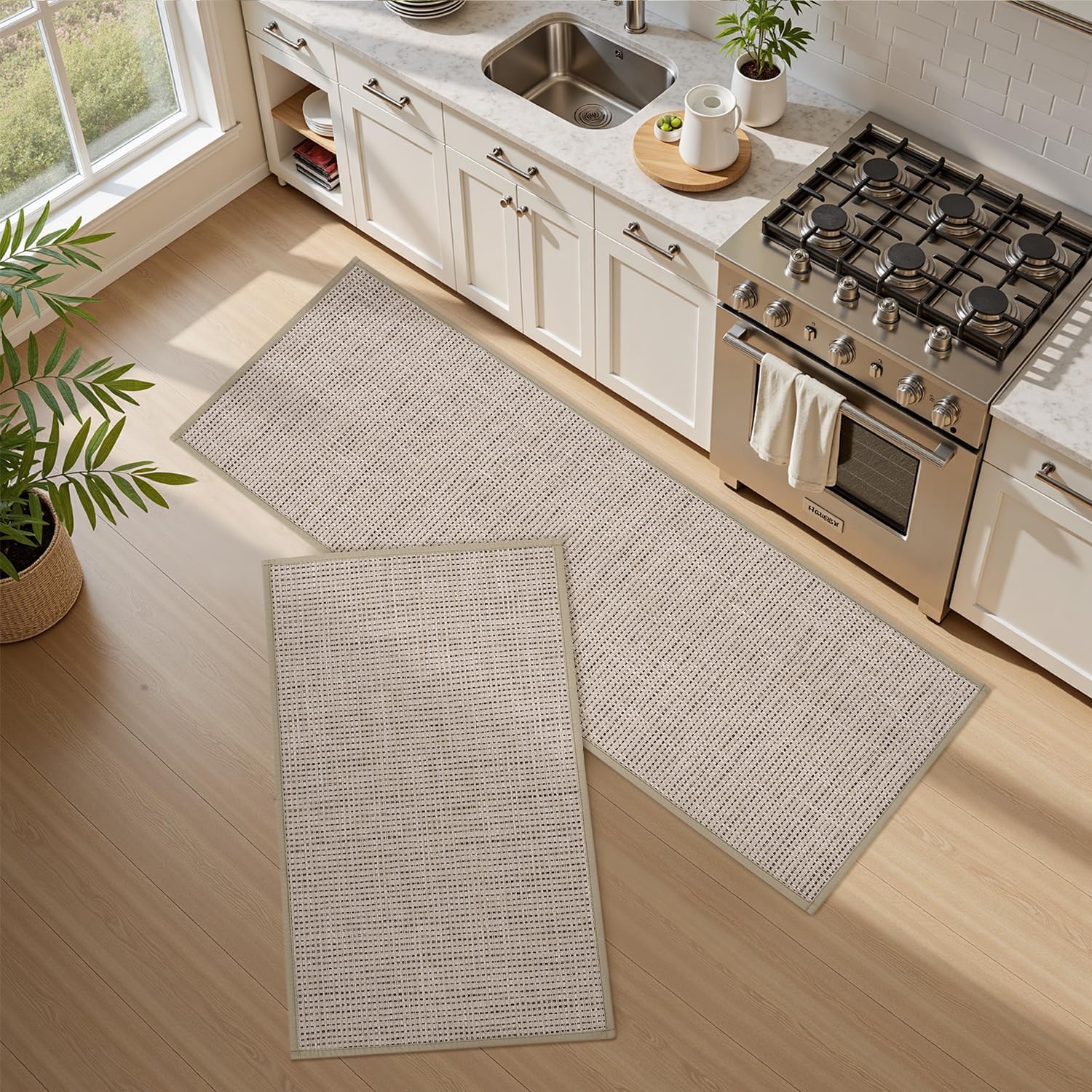 PADOOR Kitchen Rug Sets Non Slip, Washable Kitchen-Mats for Floor Absorbent Runner Rug for Kitchen, Kitchen Floor Mat for Hallway Laundry 17"x30"+17"x47" Beige