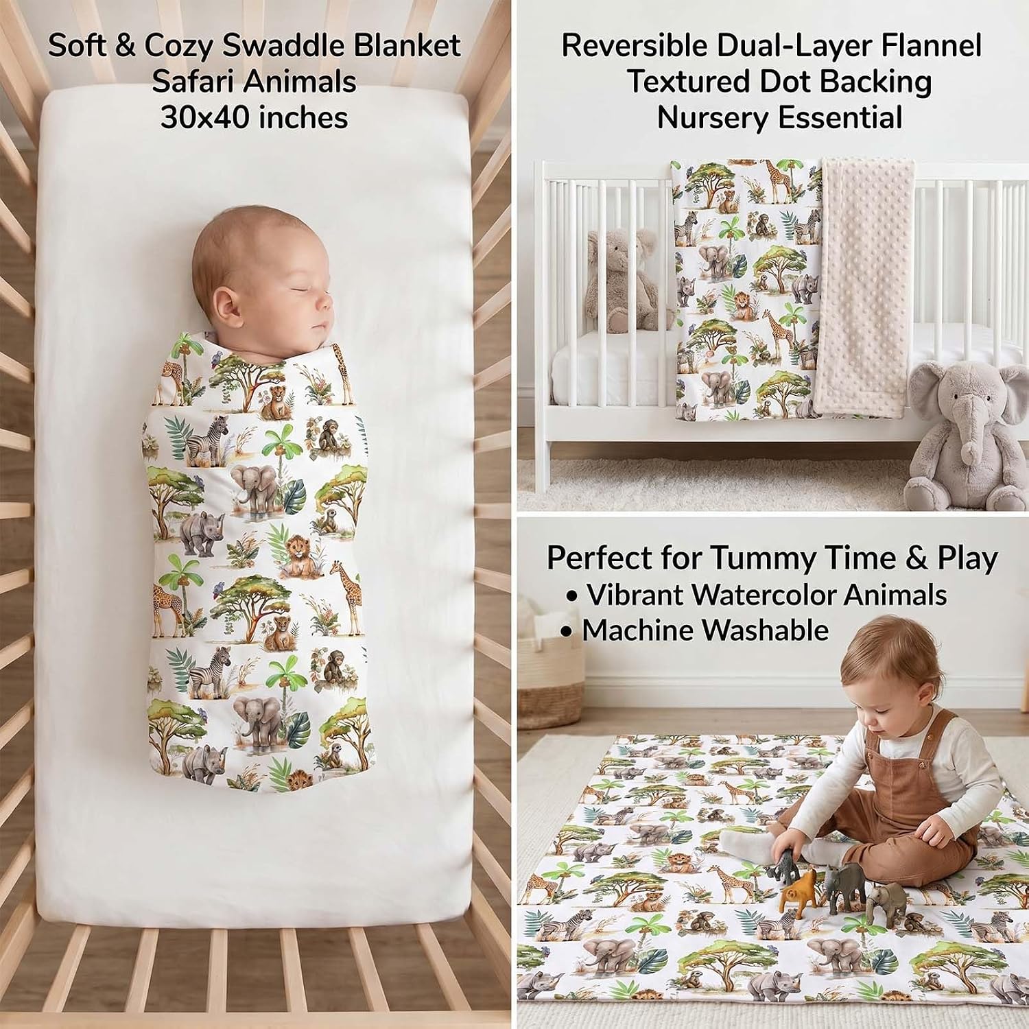 Safari Baby Minky Blanket for Boys, 30x40 Inch Africa Jungle Animals Themed Toddler Soft Minky Blanket with Double Layer Dotted Backing, Nursery Bedding Swaddle for Newborns, Receiving Blanket