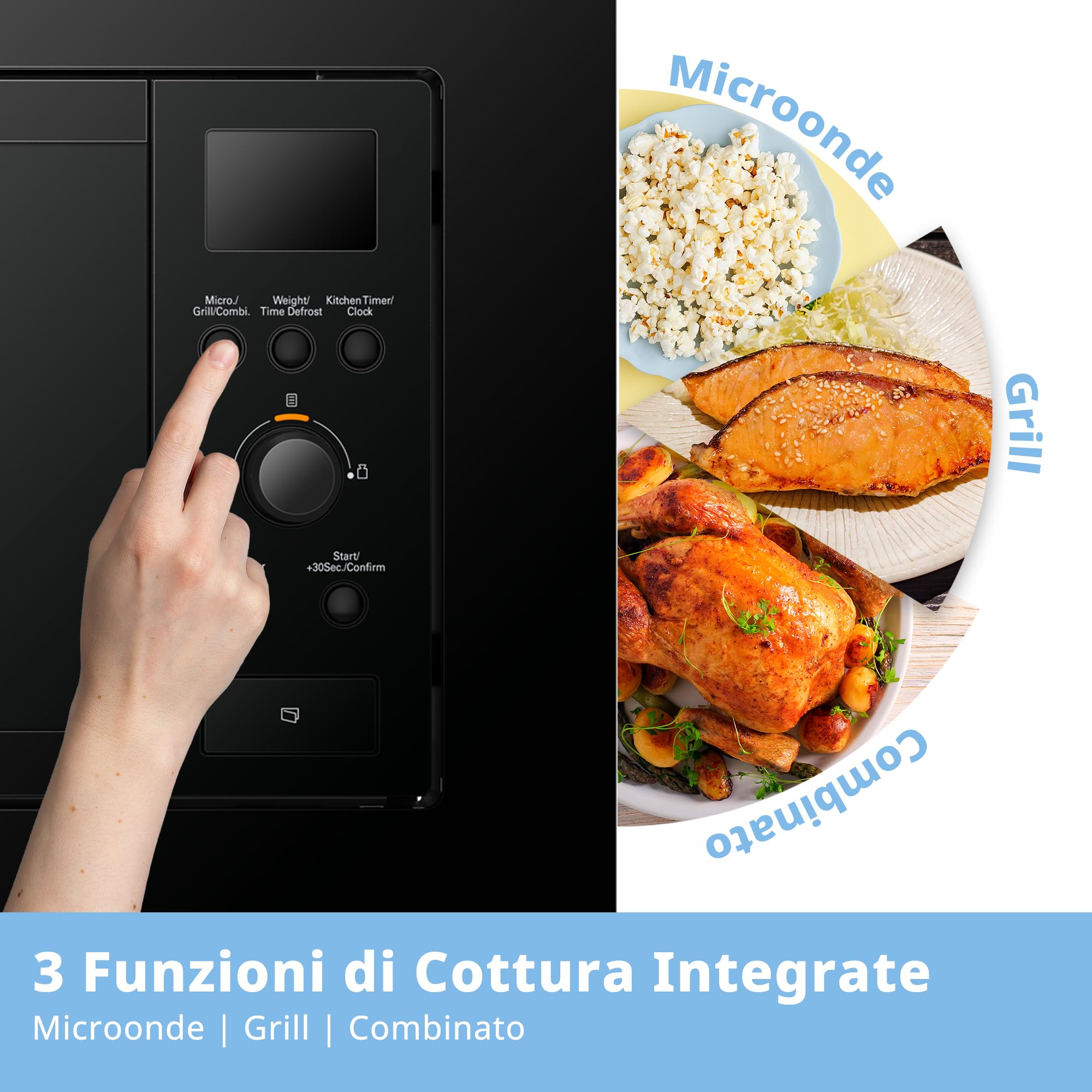 COMFEE' Forno a Microonde da Incasso Digitale, 20 Litri, 800W, Grill, 5 Livelli di Potenza, 8 Menù automatico, Funzione Defrost Rapido, Nero- CBMAG820BJL-BK