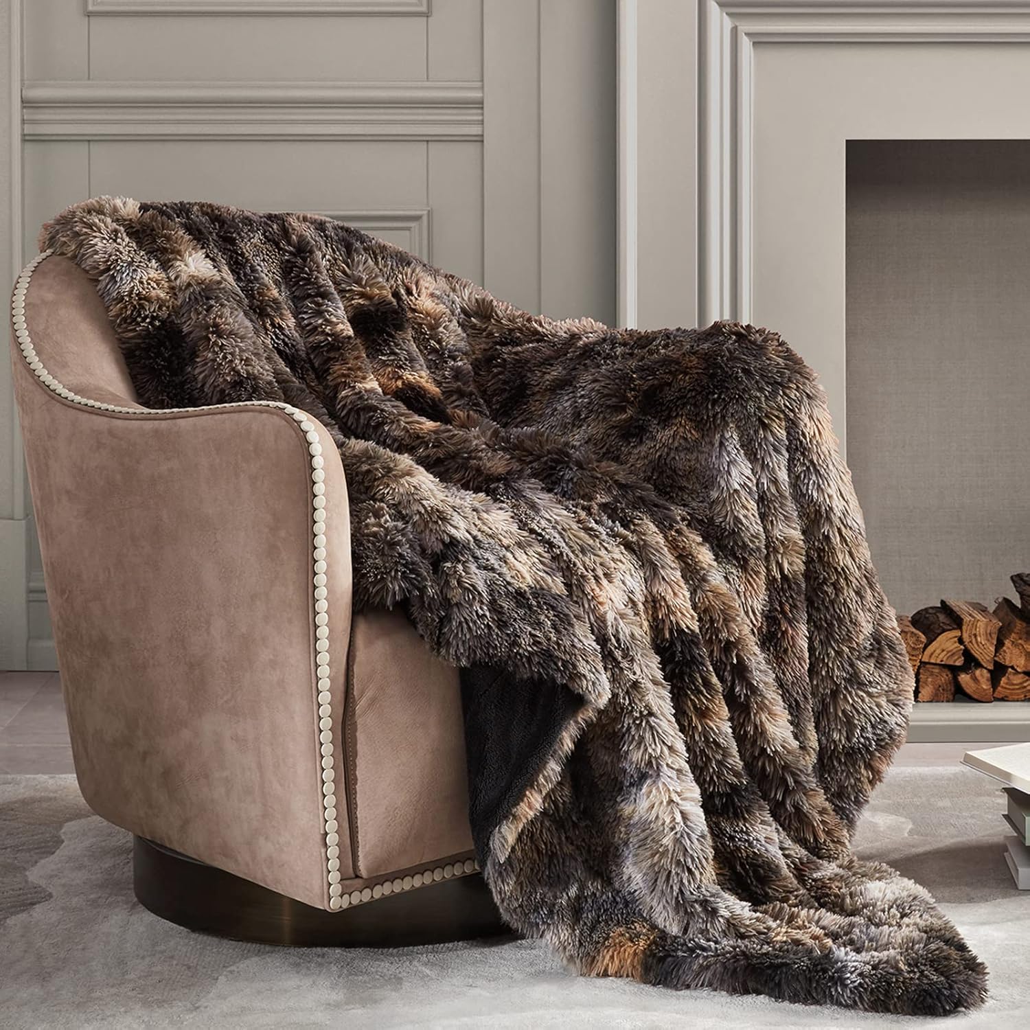 Bedfolks Faux Fur Throw Blanket 650GSM - Fuzzy Plush Soft Sherpa Fleece Blanket, Fluffy Cozy Throw Blankets for Couch, Sofa, Bed, Tie Dye Black Thick Comfy Blankets and Throws, 50 x 60 inches Tie Dye Black 50"x60"