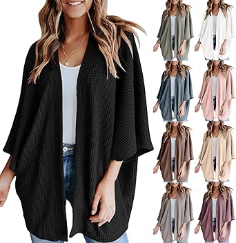 Short Cardigan for Women Lightweight Kimono Cardigans Casual Loose Waffle Knit 3/4 Batwing Sleeve Beach Cover Ups