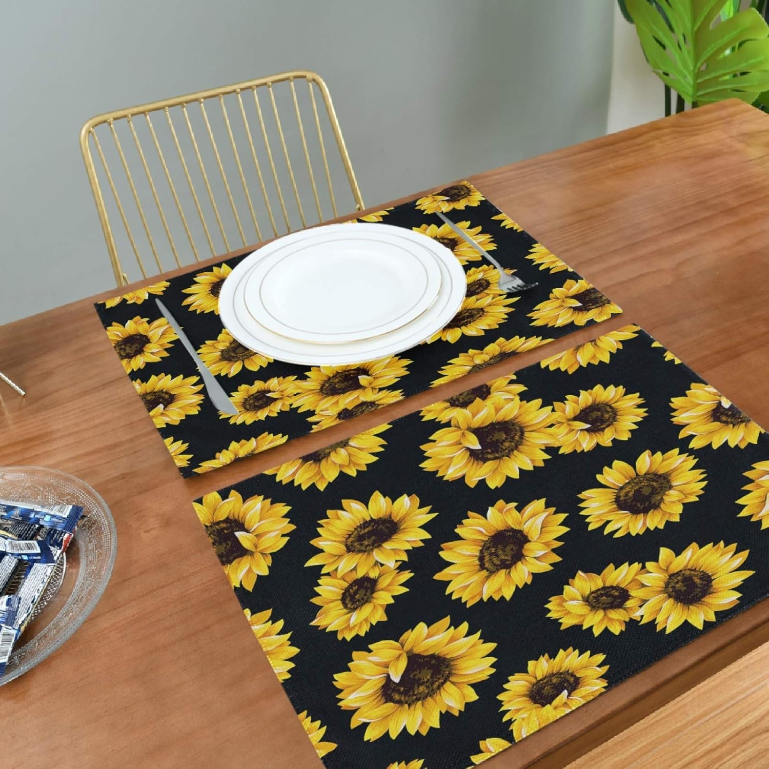 Sunflower Black Placemats Set of 6 Washable Non-Slip Burlap Table Mats Heat Resistant Place Mats for Home Kitchen Dining Party 12 X 18 in