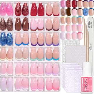 Beetles Press On Nails Kit - Candy Mix | 720Pcs 24 Colors Short Square Press On Nails | 15 Sizes French Glossy Glitter With Nail Glue & Nail Tabs Stickers, Fake Nails Kit Art For Women