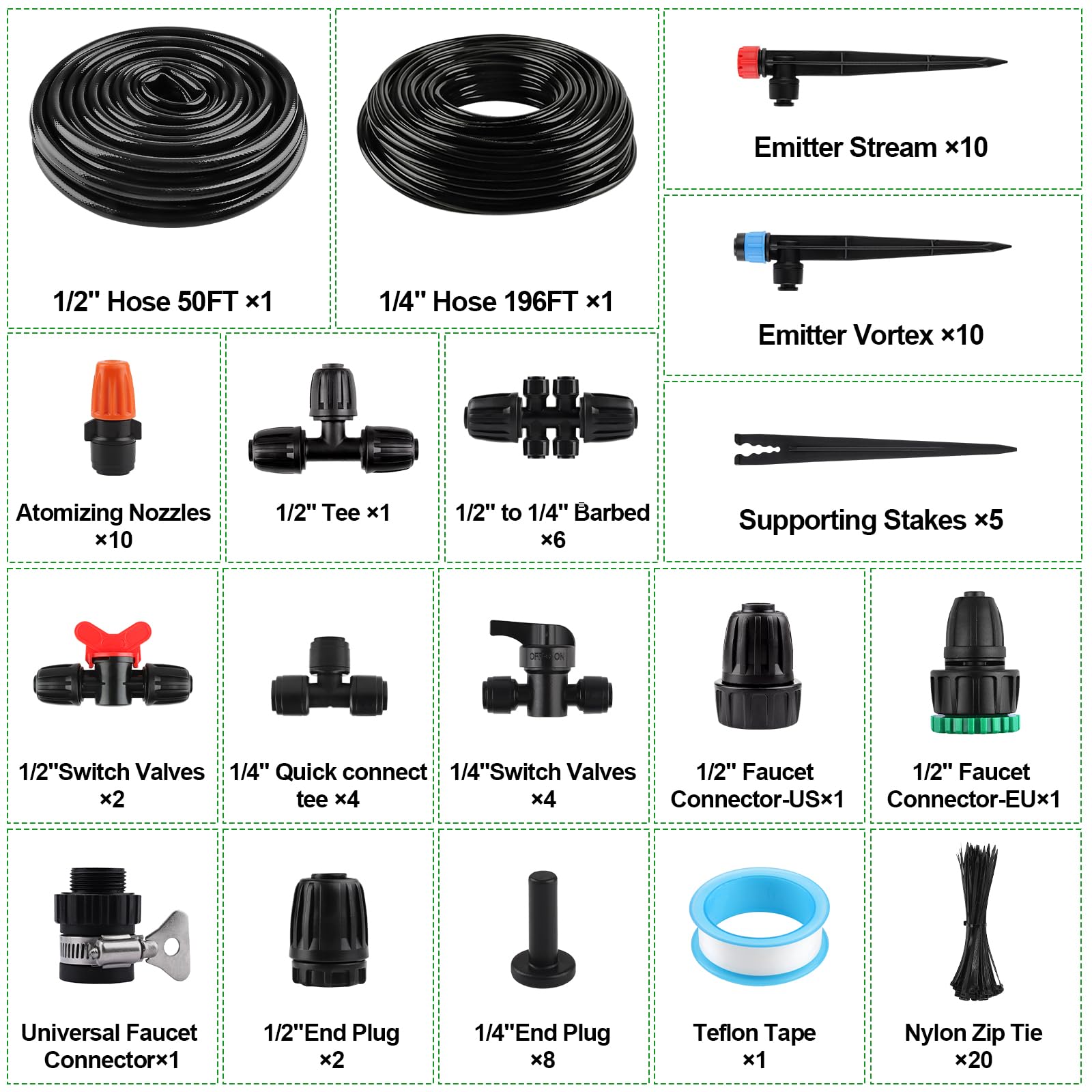 Kalolary Drip Irrigation Kit, Sistema di Irrigazione Rapido - Sistema Automatico con Connettori Push-to-Fit, Tubi da Irrigazione per Prato, Giardino, Serra e Fiori (Tubo da 1/2'' 1/4'')