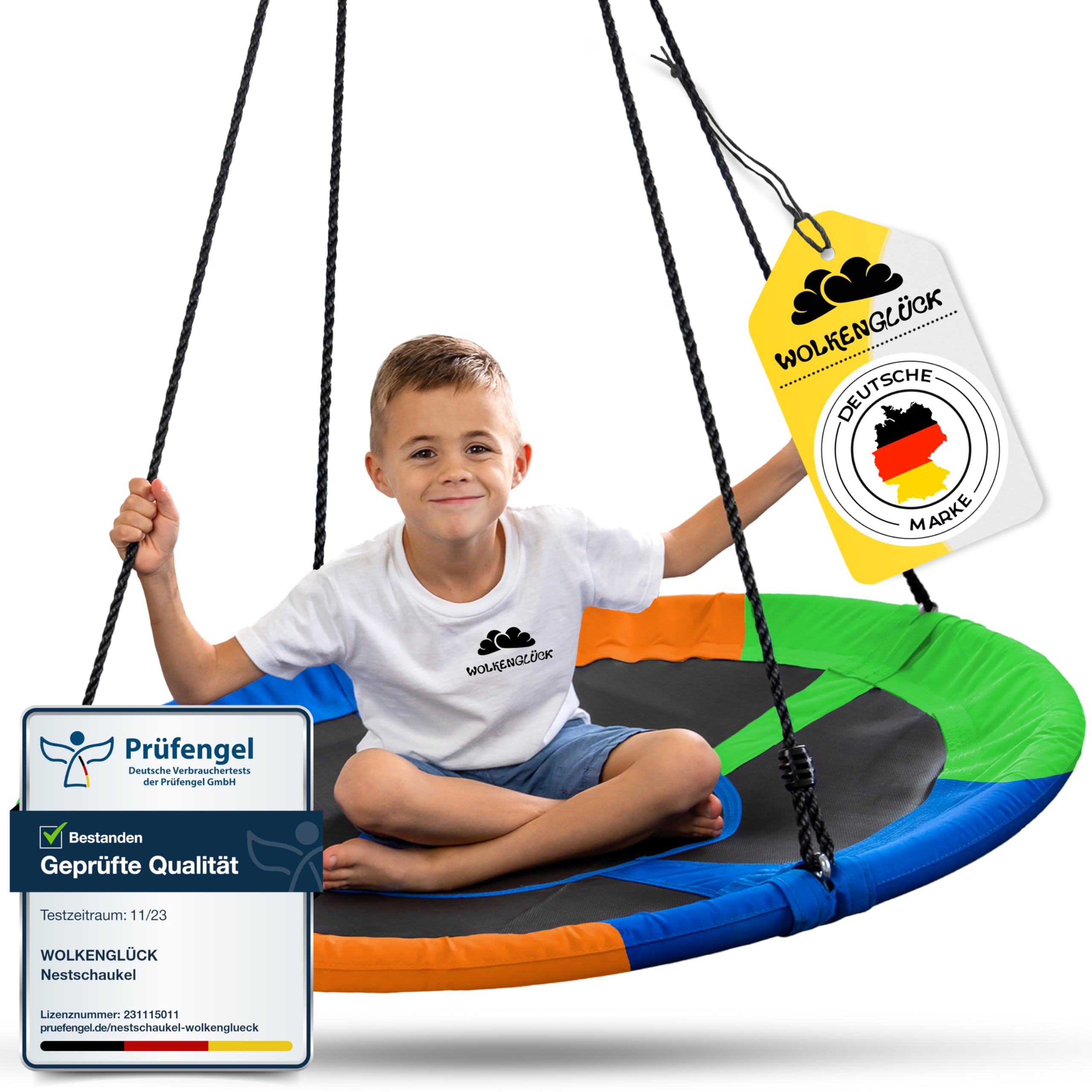 WOLKENGLÜCK® Nestschaukel [Ø 110 cm] - Höhenverstellbare Schaukel Outdoor & Indoor für Kinder und Erwachsene [belastbar bis 150 kg] - Tellerschaukel inkl. Montage-Zubehör - Schaukel Kinder (Bunt)