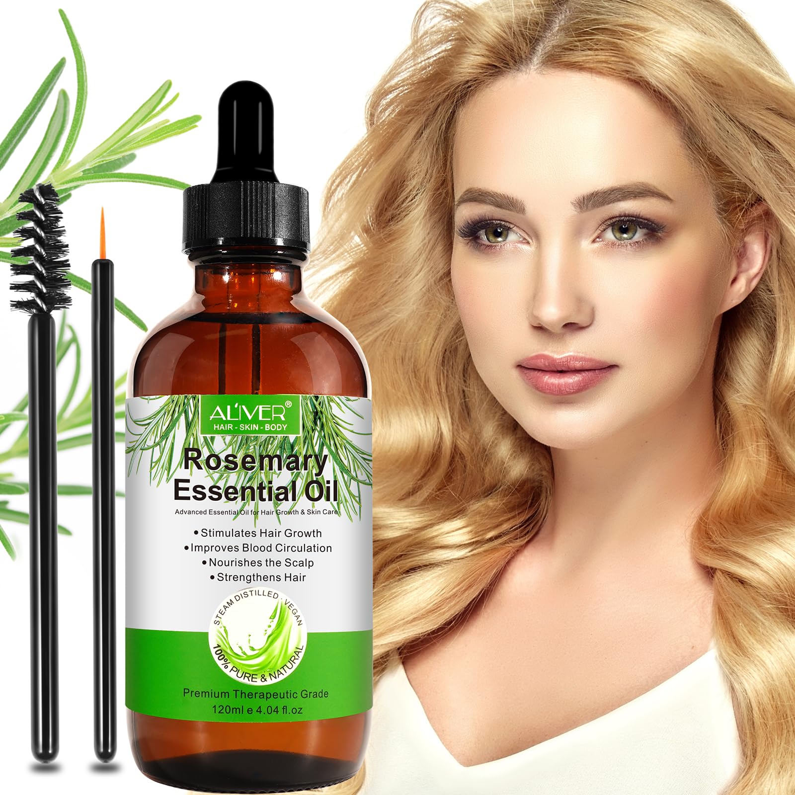 Aceite esencial de romero para el crecimiento 120ml, aceite romero cabello, aceite de romero para el cabello 100% puro para Pestañas, Cuidado Piel, estimula crecimiento cabello, nutre cuero cabelludo