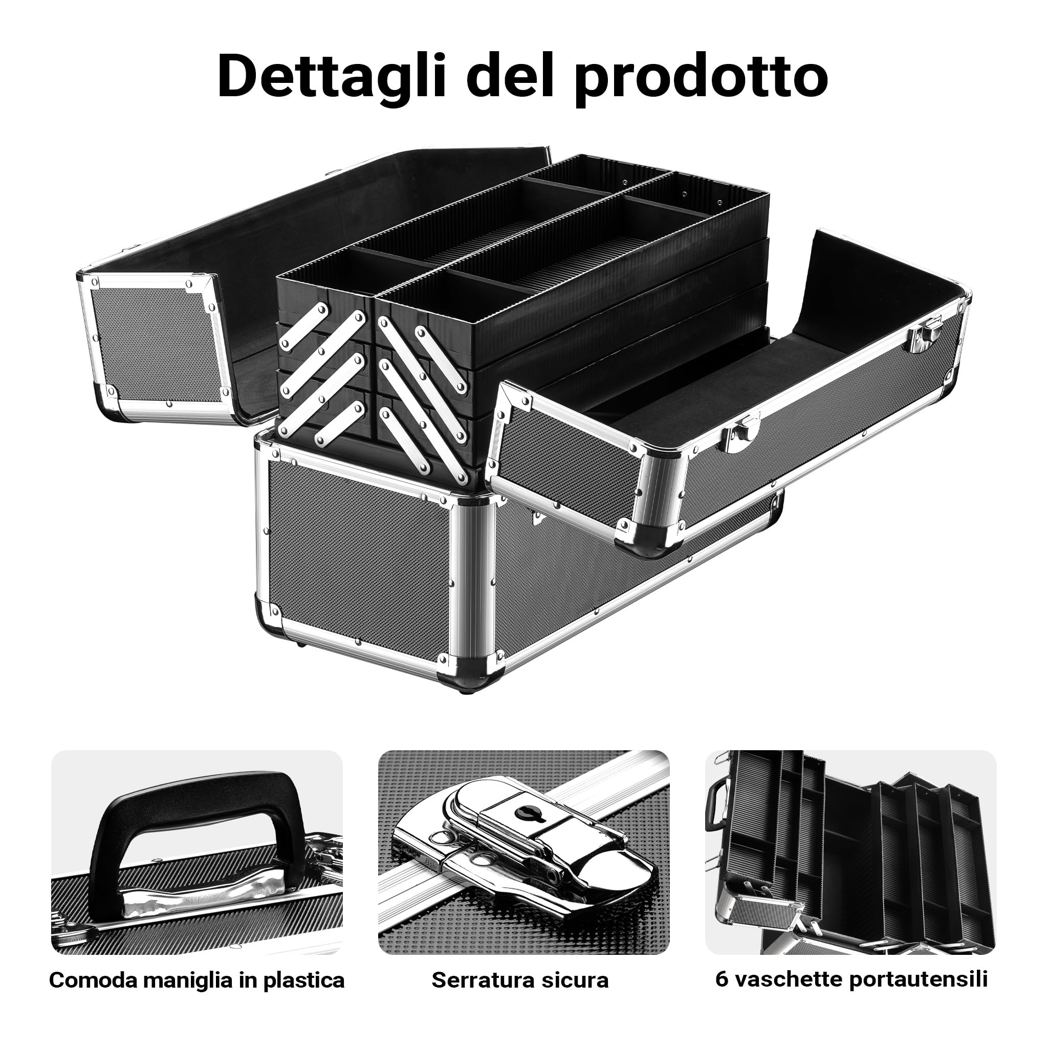 Wiltec Cassetta attrezzi vuota in alluminio con 2 chiavi, valigetta universale per attrezzi 45 x 32 x 22,5 cm, hobby, lavoro, cassetta portautensili con separatori,