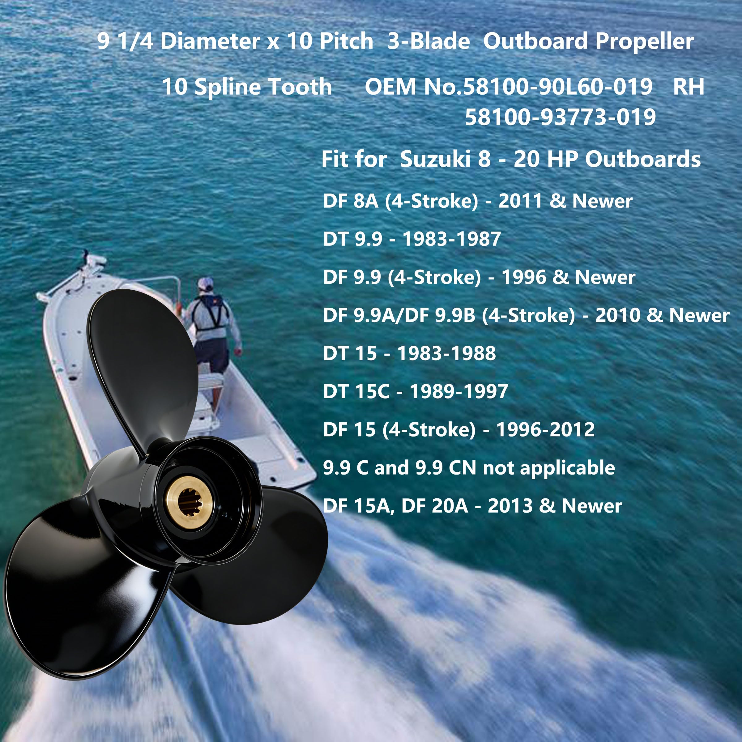 PETUSI Boat Outboard Propeller 9 1/4x10 9 1/4x7 9 1/4x8 9 1/4x9 9 1/4x11 9 1/4x12 for Suzuki DF8A/9.9/9.9A/15/15A/20A DT9.9/15/15C HP Engines, 10 Tooth Spline Aluminum Boat Motor Prop, 3 Blade, RH