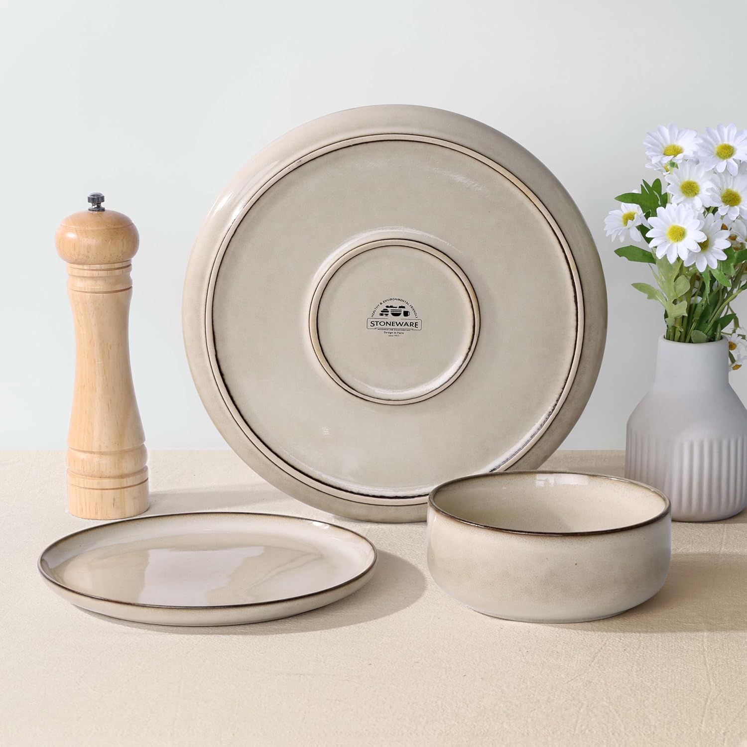 Herogo 5-Piece Mixing Bowls with Lids, 24 Pieces Modern Round Dinnerware, Khaki