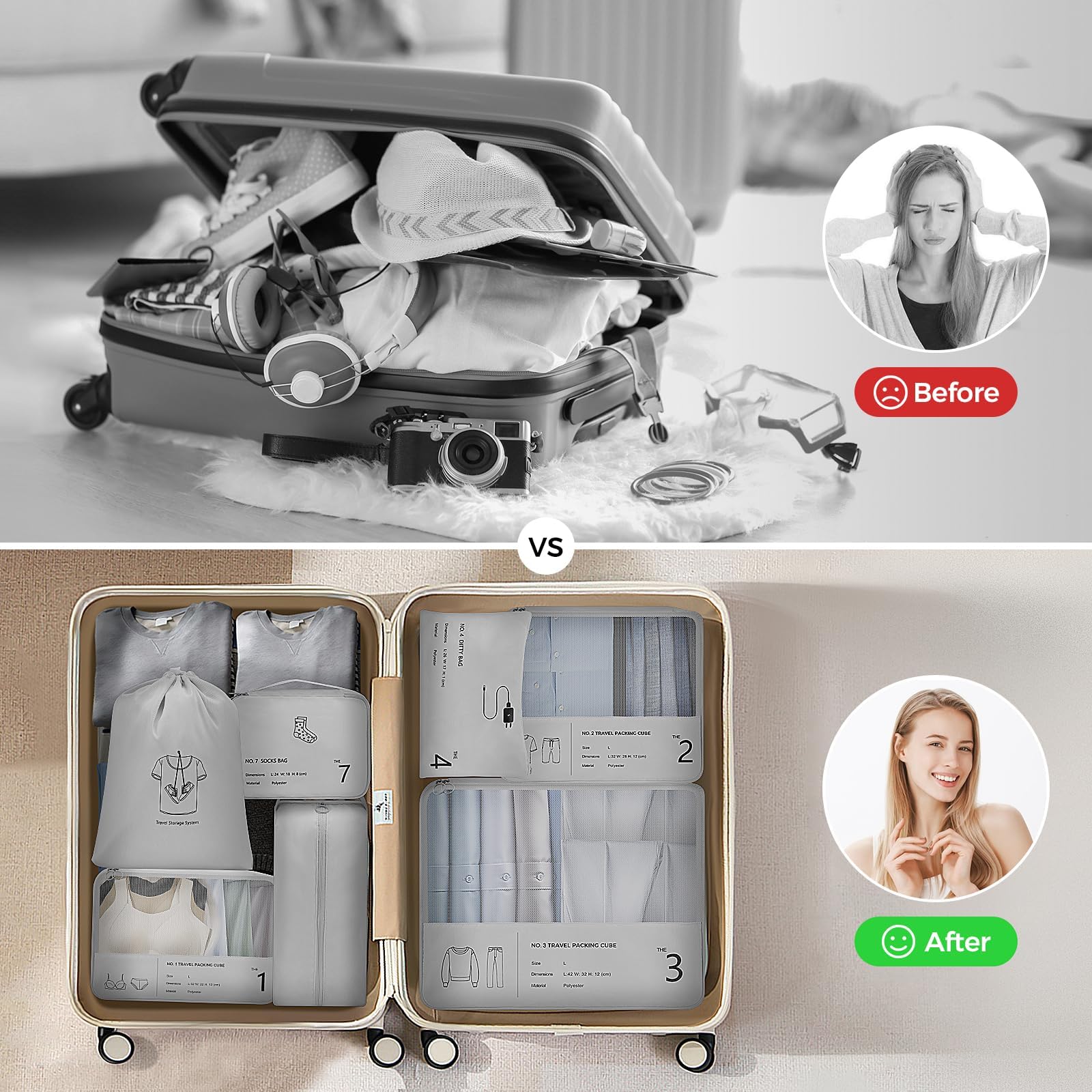 Set di organizer per valigie, 7 pezzi, cubi per valigia, Packing Cubes Compression come organizer per zaini, borse da viaggio, accessori da campeggio e attrezzature da escursionismo (grigio