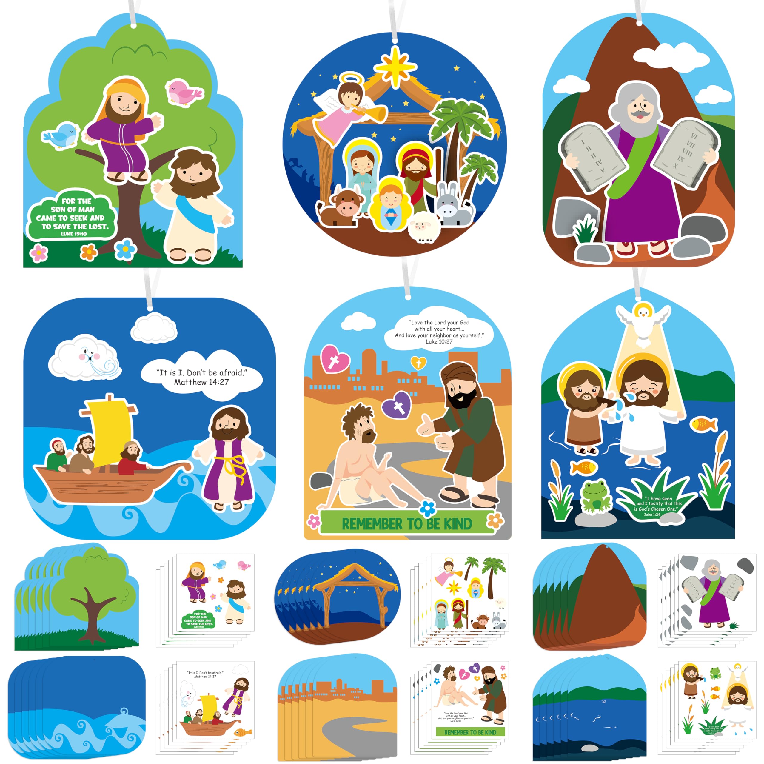BWkoss Religious Sunday School Crafts for Kids- 36Set Bulk Christian Bible Stories DIY Sticker Hanging Ornament Craft Kit for Classroom VBS Activities Sunday School Church Carnivals Holiday Party Gift