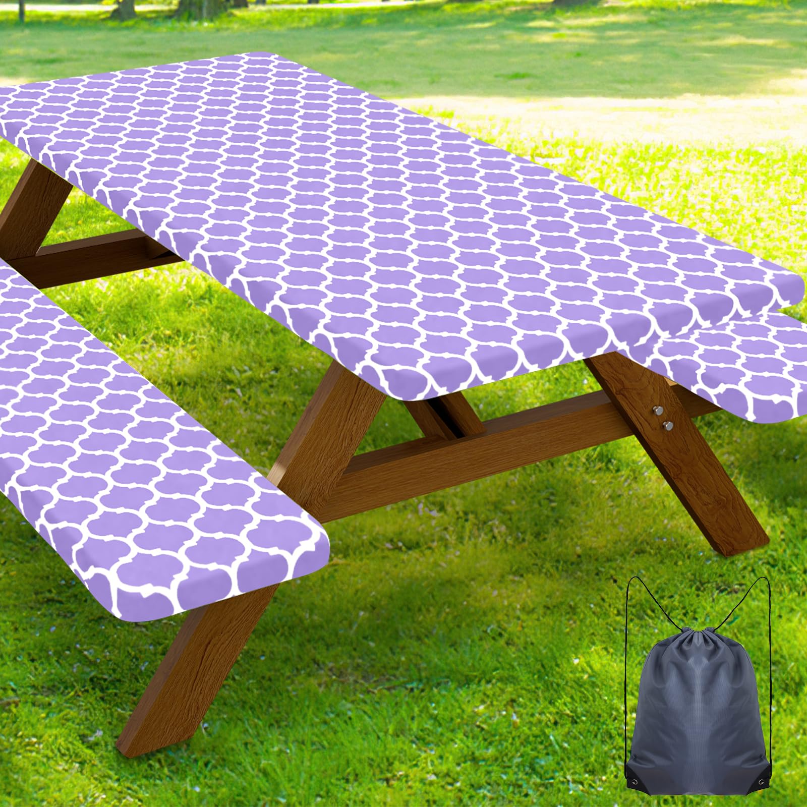 Smiry Picnic Table Cover with Bench Covers, Waterproof Elastic Fitted Tablecloth for 6 Foot Tables, Washable Polyester Tablecloths for Camping, Indoor &amp; Outdoor (Lavender, 30x72 Inch 3-pc Set)