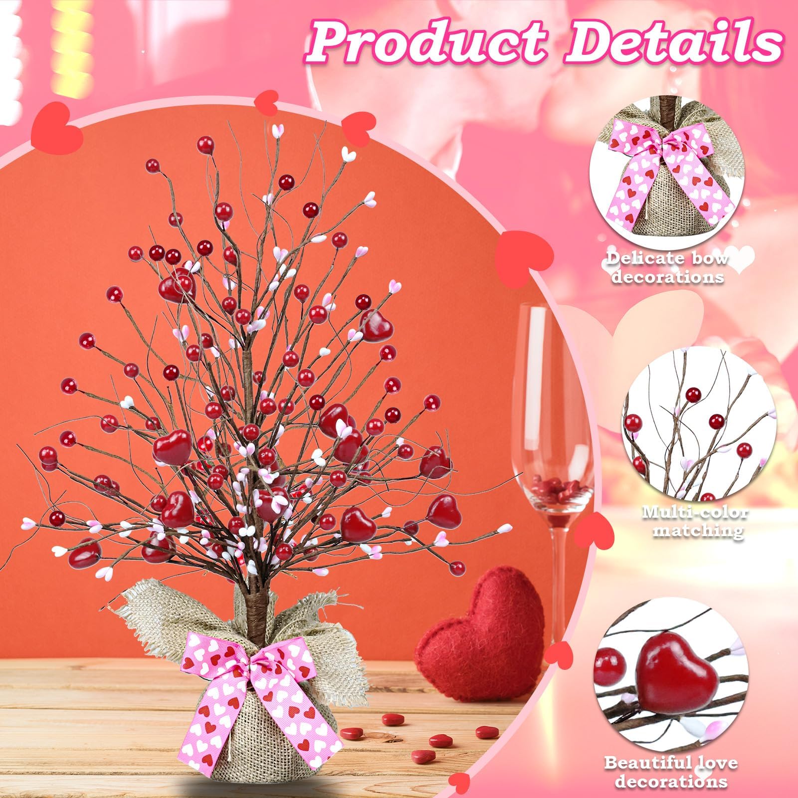 Kenburg 20”H Valentine’s Day Artificial Tree Table Decor, Red Berry Heart Rattan Balls Tree Table Centerpiece, Burlap Base Farmhouse Artificial Plants for Holiday Festival Valentines Home Decoration