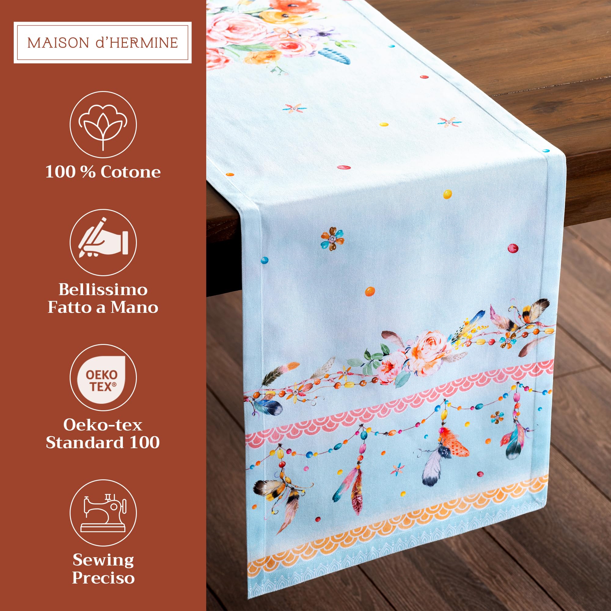 Runner Da Tavola Maison D'Hermine Ibiza – 50x150 Cm, 100% Cotone, Con Fiori E Piume, Blu, Per Cucina E Feste