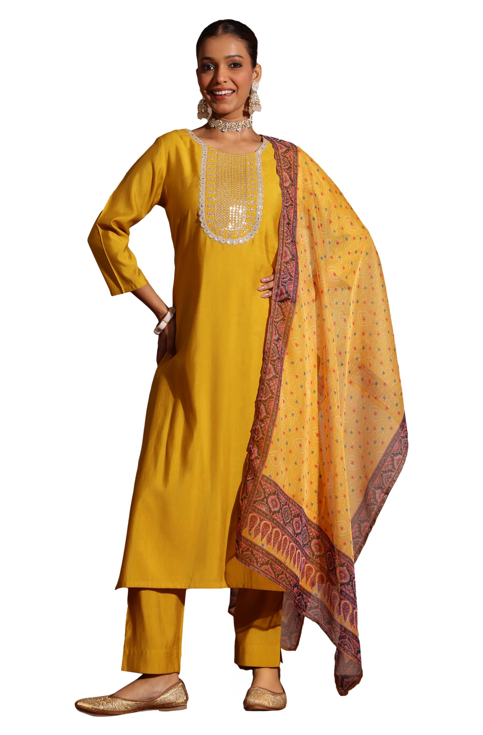 Janasya Women's Yellow Chanderi Silk Yoke Embroidered Straight Kurta Set in yellow