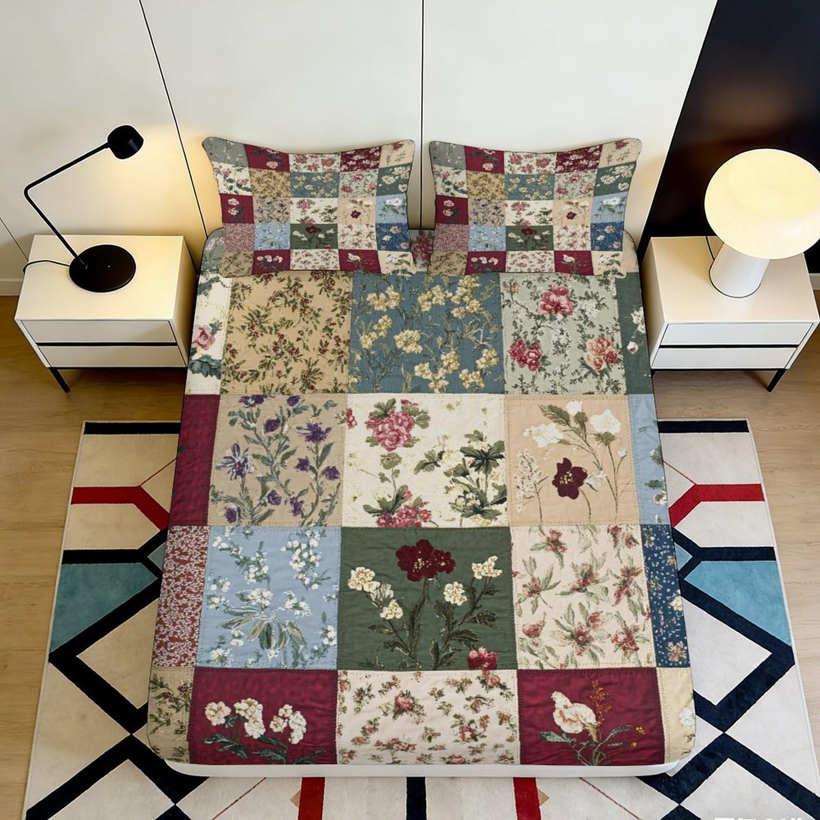3D Printed Vintage Floral Patchwork Fitted Sheet Microfiber Soft Breathable Retro Botanical Mattress Cover for Bedroom Guestroom Decor 180x200x25cm