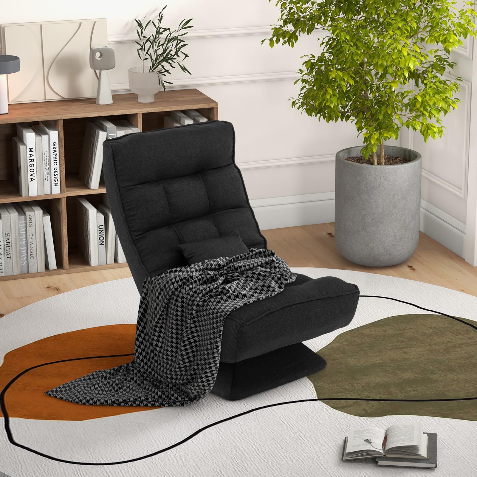 GOPLUS Silla de Suelo giratoria Plegable con Respaldo Ajustable de 5 Posiciones y cojín, sofá reclinable meditación Carga 110 kg, salón y Dormitorio， 63 x 71 x 92,5 cm (Negro)