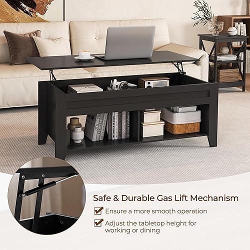 Miniatura 5 de Yaheetech Mesa de centro de madera negra elevable, con almacenamiento oculto y 2 estantes abiertos para sala de estar, recepción, oficina, 39.5