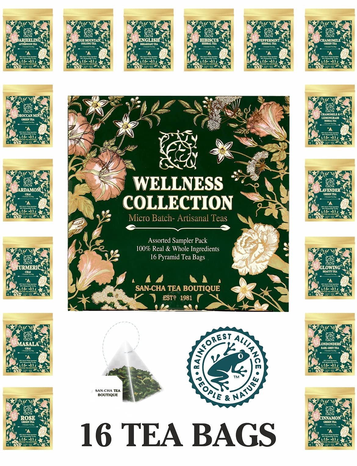 Sancha Tea Boutique Wellness Collection Sampler Box | 16 Premium Pyramid Bags | Herbal, Green & Chai Blends Curated by Master Tea Blender - Image 5 thumbnail