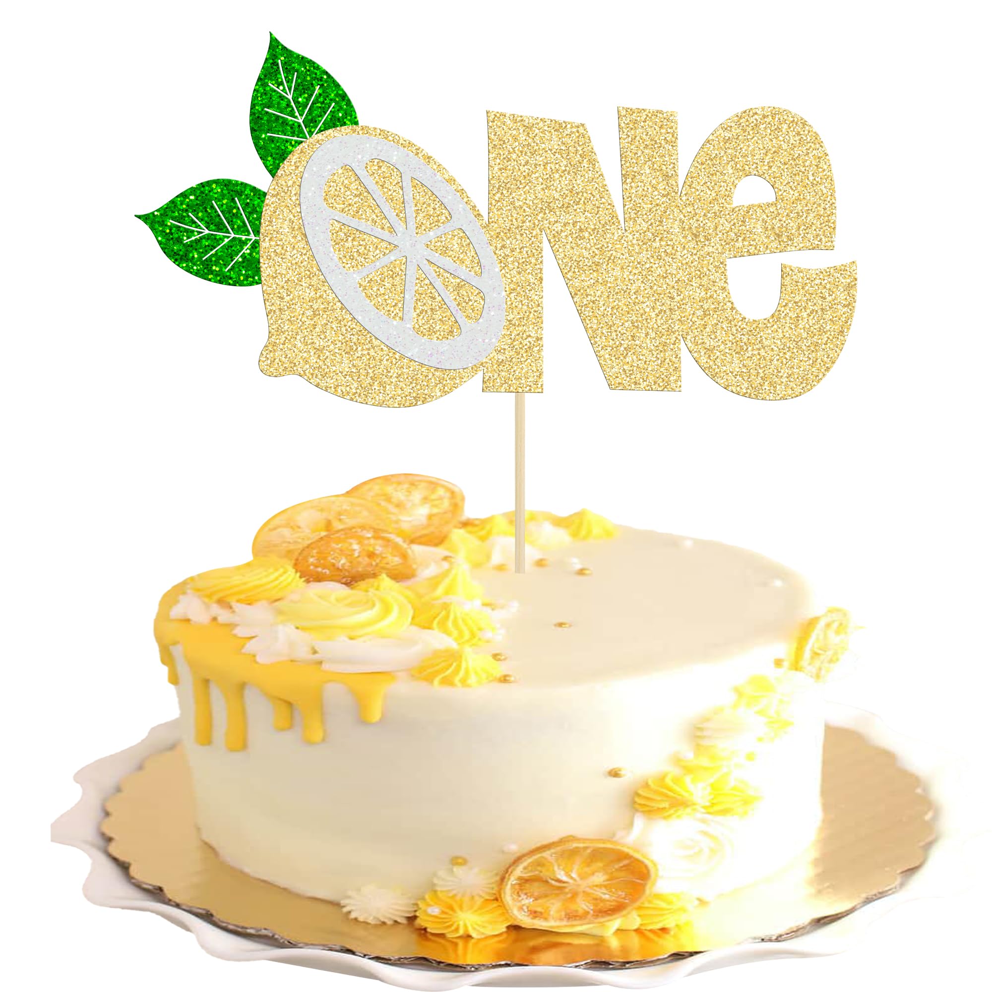 Ephlyn 1Pc Lemon 1st Birthday Cake Topper Glitter One Cake Pick Fruit Theme Lemonade Party First Birthday Decorations for Baby Shower Kids Boys Girls Party Supplies Gold One