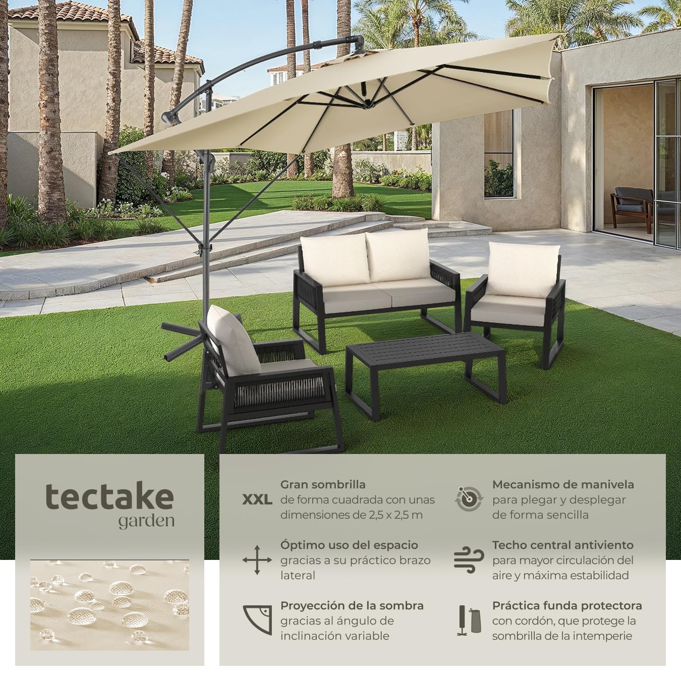 TecTake® Sombrilla Terraza Exterior, Sombrilla Playa con Manivela Manual e Inclinación Ajustable, Sombrilla Jardín con Máxima Estabilidad, Parasol Terraza Exterior, Ø250cm, Funda Protectora