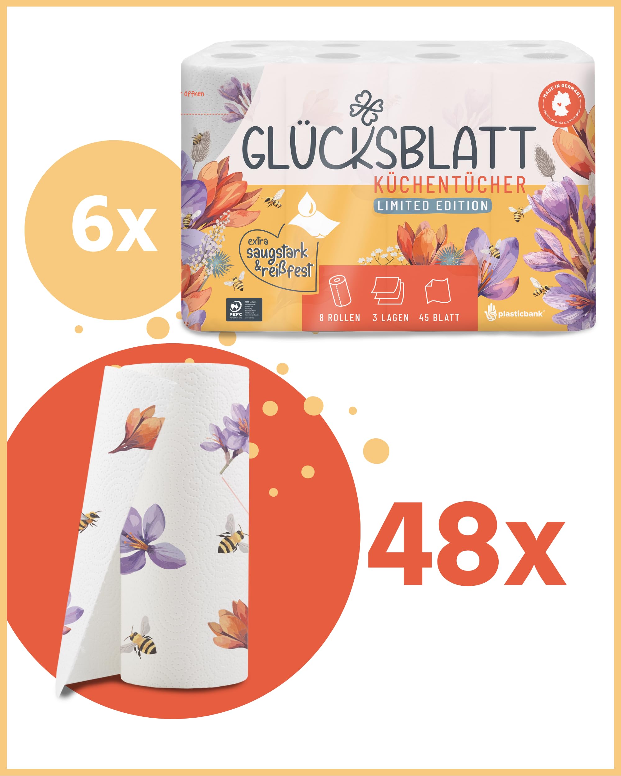 Glücksblatt Küchentücher mit bedruckten Motiven, 48 Rollen á 45 Blatt, 3-lagige Küchenrollen, 100% Zellstoff, nachhaltig, saugstarke Haushaltsrollen, Allzwecktücher, Papiertücher, Papierhandtücher