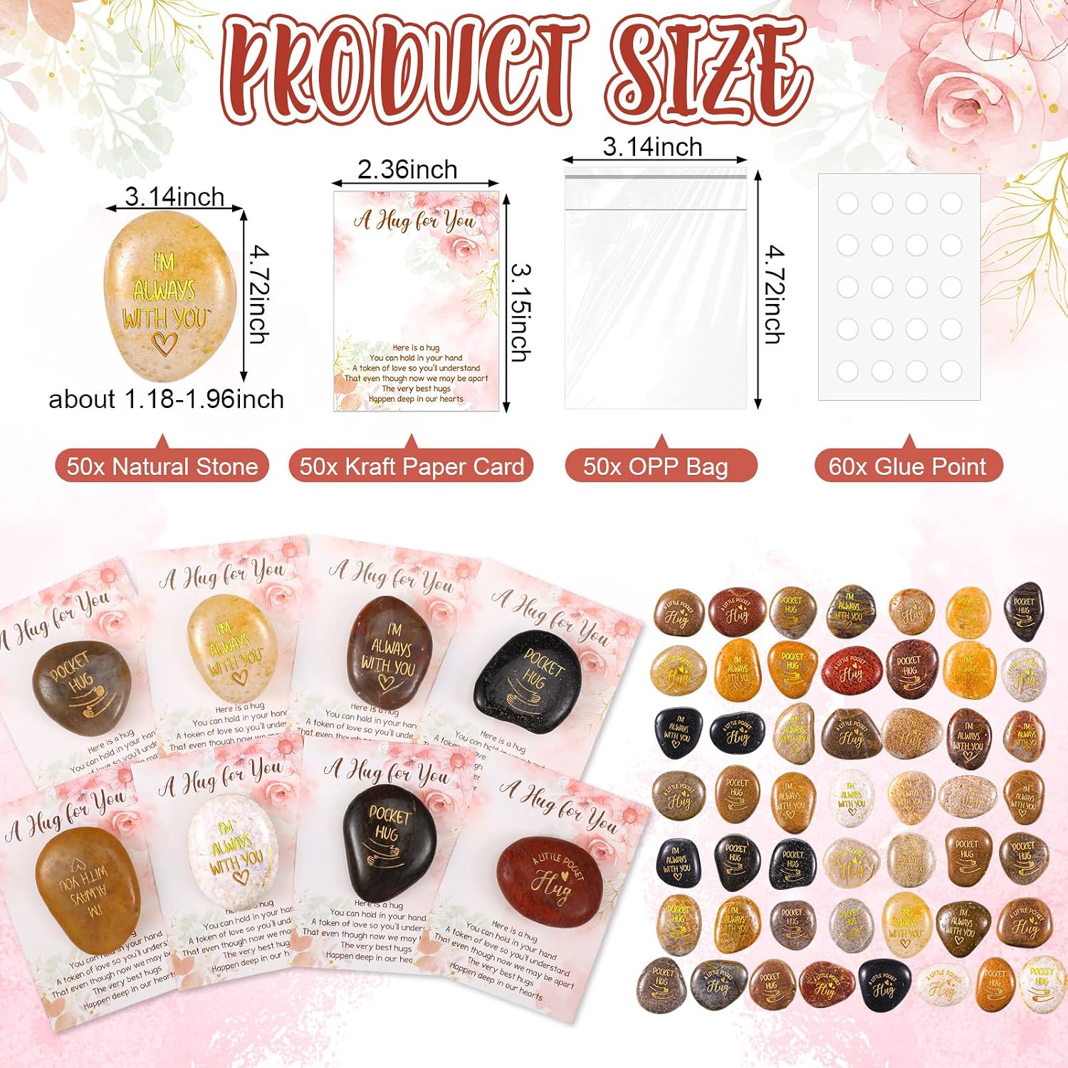 50 Sets Pocket Hug Token Bulk Engraved Healing Stones with Greeting Cards Keepsake Distance Social Exchange Relationship Gift for Friends Colleagues Family Celebration of Life