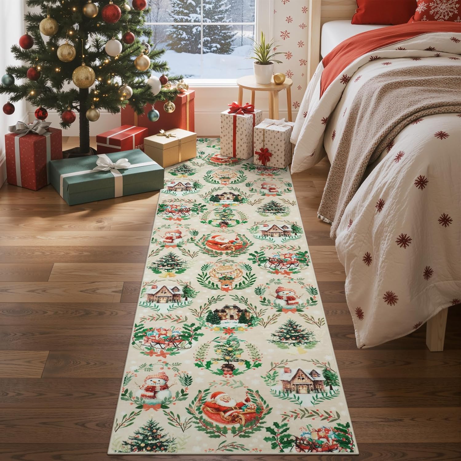 Anidaroel 2x8 Washable Christmas Rug Runner, Non-Slip Low Pile Runners for Hallways Holiday Decor, Christmas Kitchen Rug Xmas Holiday Rugs for Entry Living Room Bedroom, Beige