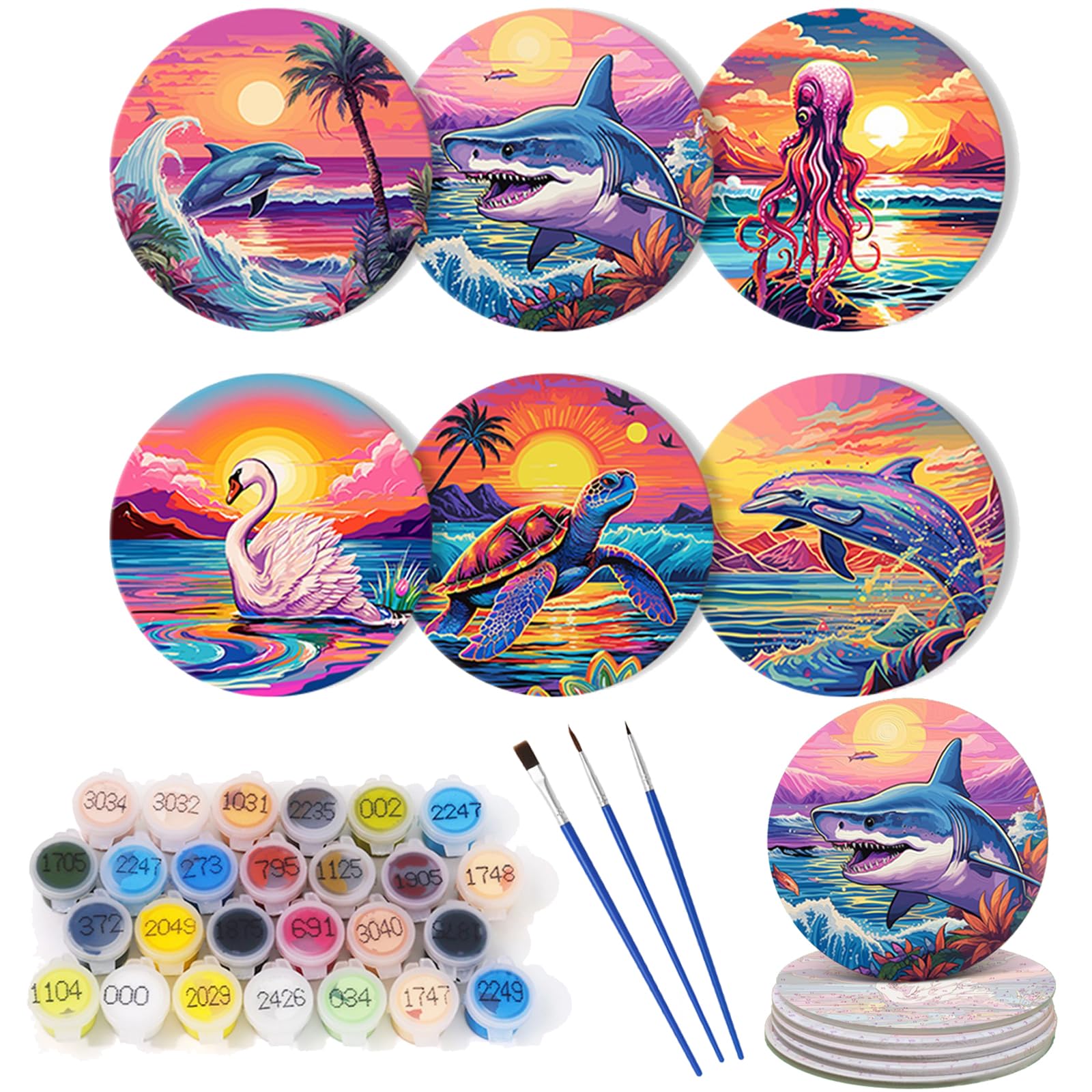 6 Pcs Paint by Numbers Coasters Kits with Holder, DIY Paint by Numbers Coasters for Adults Beginners, Coasters with Brushes Acrylic Paint, Paint by Numbers Kits Craft Supplies -03-Animals — image 1
