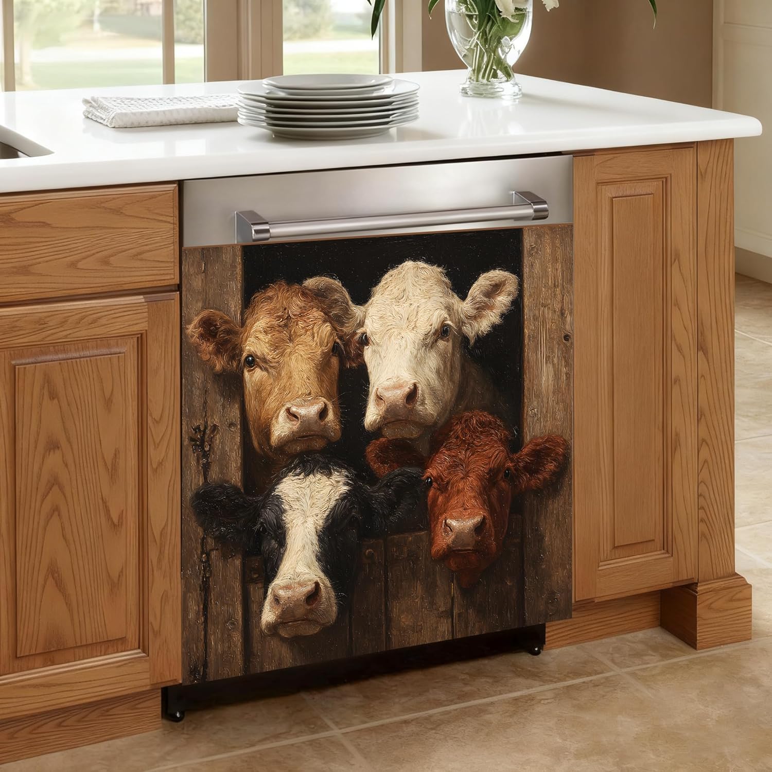 Dishwasher Magnet Cover Farmhouse Cows Dishwasher Cover Magnet Decor, Dishwasher Refrigerator Protection Cover, Kitchen Country Wall Art Magnetic Sticker 23x25.5 inches