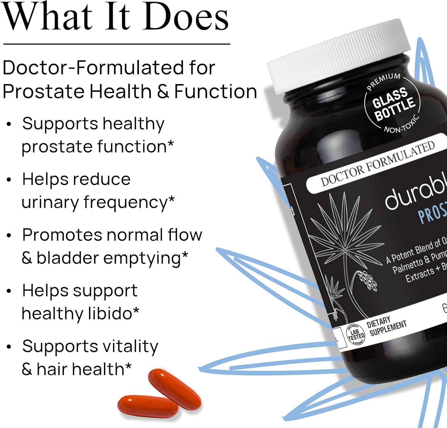 Durable Prostate – Organic USPlus Saw Palmetto + Beta-Sitosterol – Supports Men’s Prostate Health, Bladder Function & Flow– Doctor-Formulated, Made in USA – 30 Day Supply (60 Softgels) - Image 3