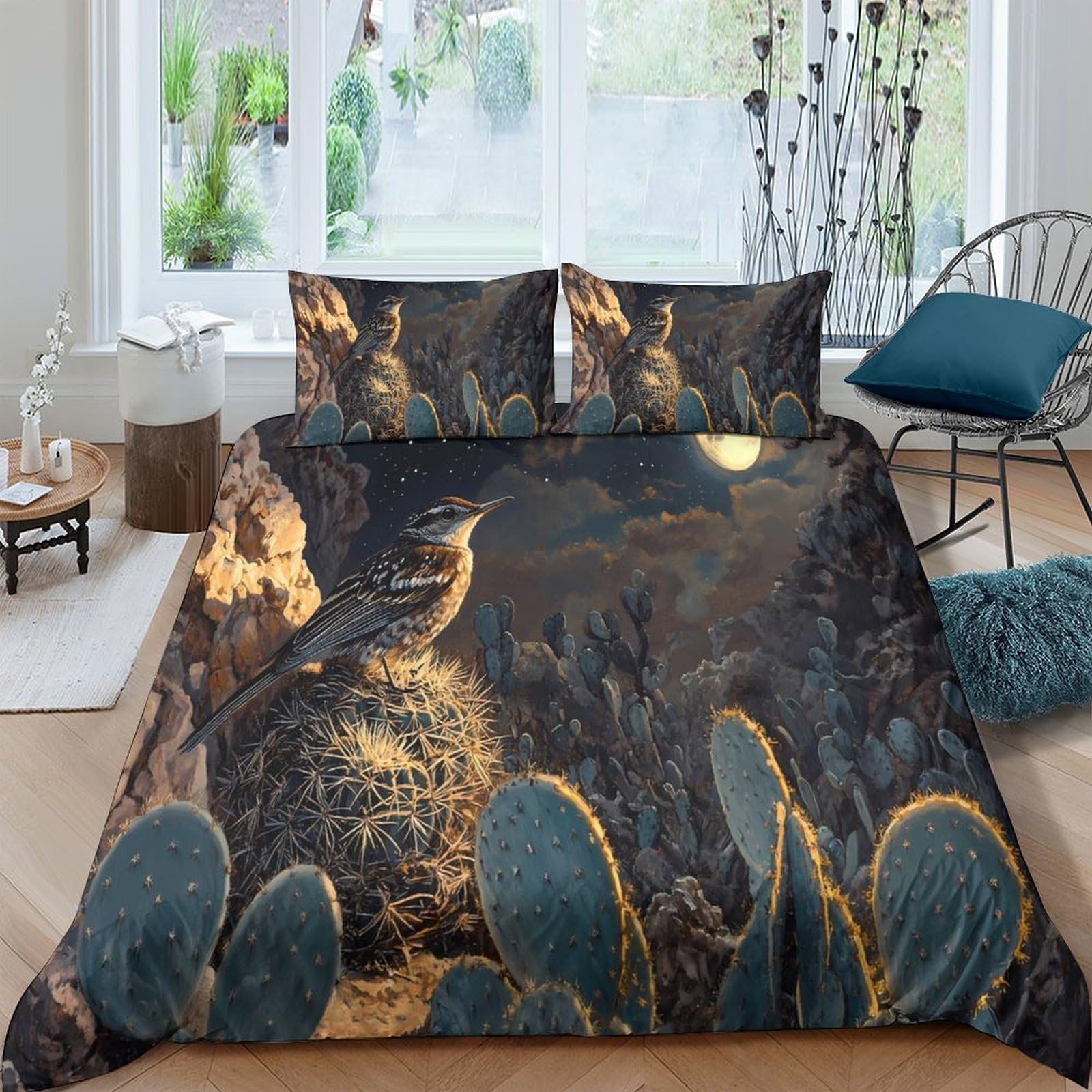 GPLZQXKJNH 3D Printed Golden Owl Forest Duvet Cover Microfiber Soft Cactus Quilt Cover Set with 2 Pillowcases for Bedroom Decor Single（135x200cm）
