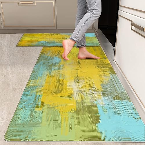 RYANZA 2 alfombras de cocina, abstractas antifatiga, antideslizantes, acolchadas, líneas azules y amarillas, arte moderno, cómodo, para interiores,