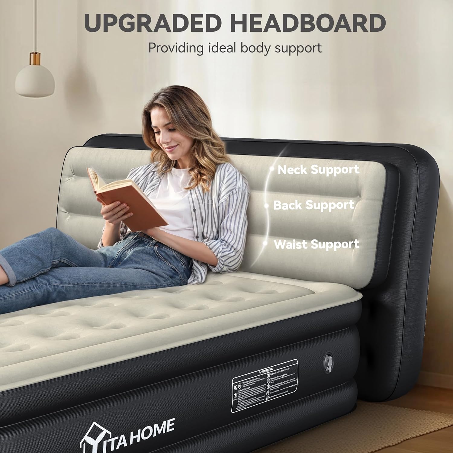YITAHOME 18'' Flocked Top Queen Air Mattress with Pump and Banded Headboard, Durable Inflatable Bed, Blow-Up Mattress for Indoor and Outdoor Use, Black