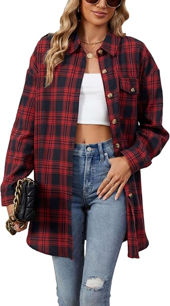 Bozanly Oversized Mid Long Plaid Flannel Shirts for Women Lapel Long Sleeve Check Blouse with Pockets