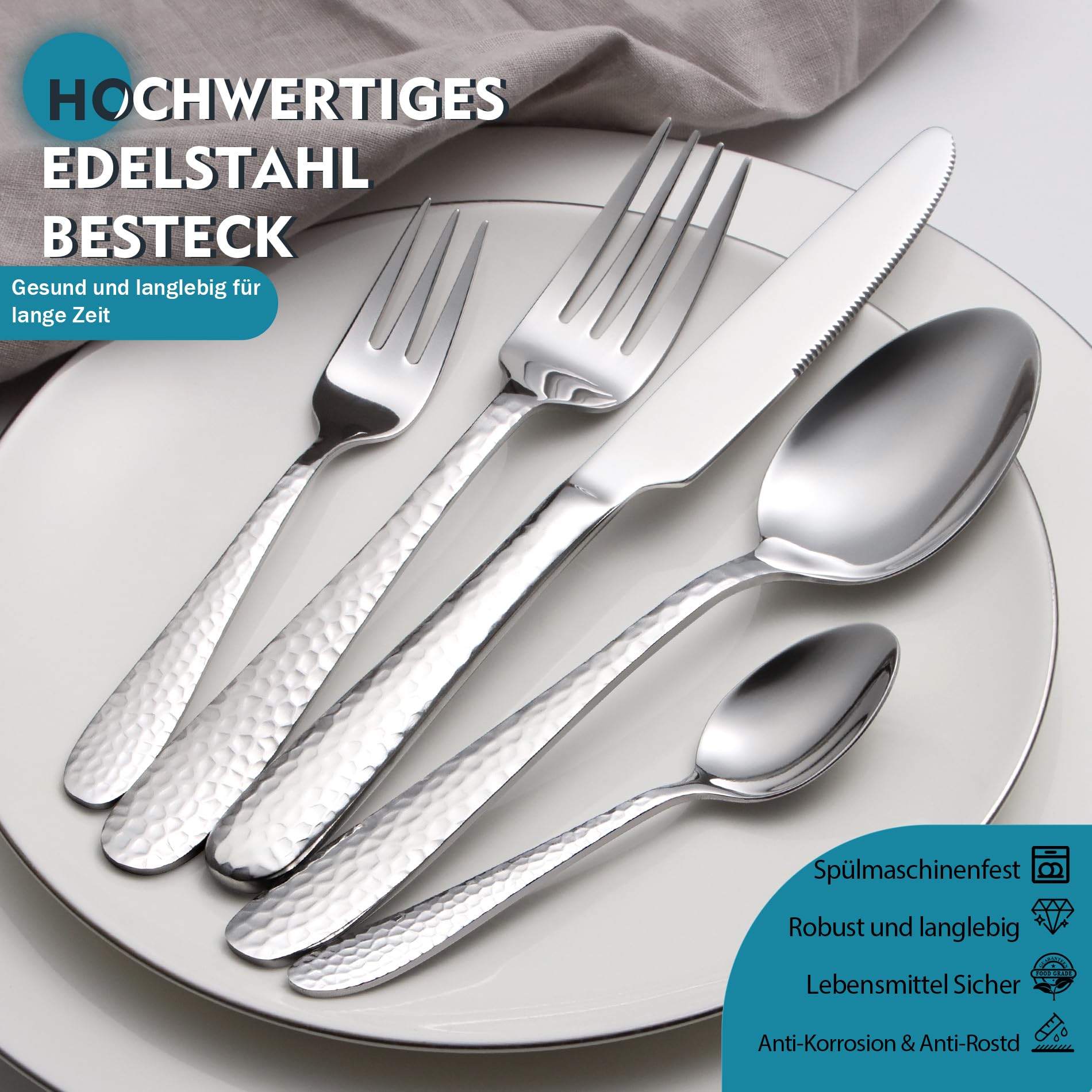 Gehämmertes Besteckset, EIUBUIE 20-Teiliges Edelstahl Besteck, Modernes Besteck Set 4 Personen, Essbesteck Set mit Messer Gabel Löffel, Tafelbesteck für Haus/Party, Hochglanzpoliert, Spülmaschinenfest