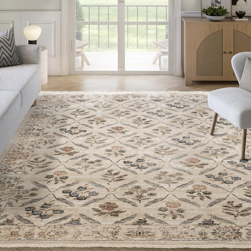 Floral Area Rug - 8'x10' Cream & Ivory Rectangle Rug for Living Room & Bedroom - Alara Floral Collection