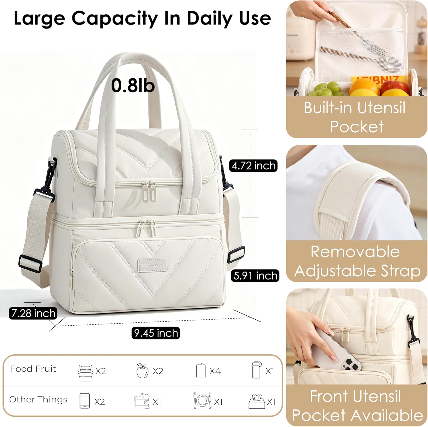 Insulated Lunch Bag for Women Men, Double Deck Quilted Puffer Lunch Tote, Waterproof Leakproof Reusable Large Cooler Bag, Wide Open Portable Meal Prep Bag for Work Picnic Travel Hiking image 4