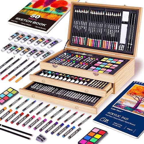 Miniatura 30 de Juego de arte de lujo de 175 piezas con 2 almohadillas de dibujo, pinturas acrílicas, lápices de colores, juego de pintura en estuche de madera, kit