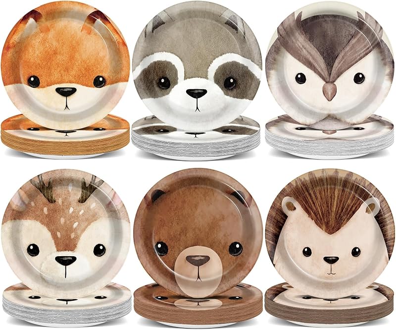 60Pcs Woodland Party Paper Plates for Animal Party Decorations 7In Woodland Creatures Dessert Plates Disposable Tableware Dinnerware Set for Baby Shower Birthday Forest Animal Themed Party Supplies