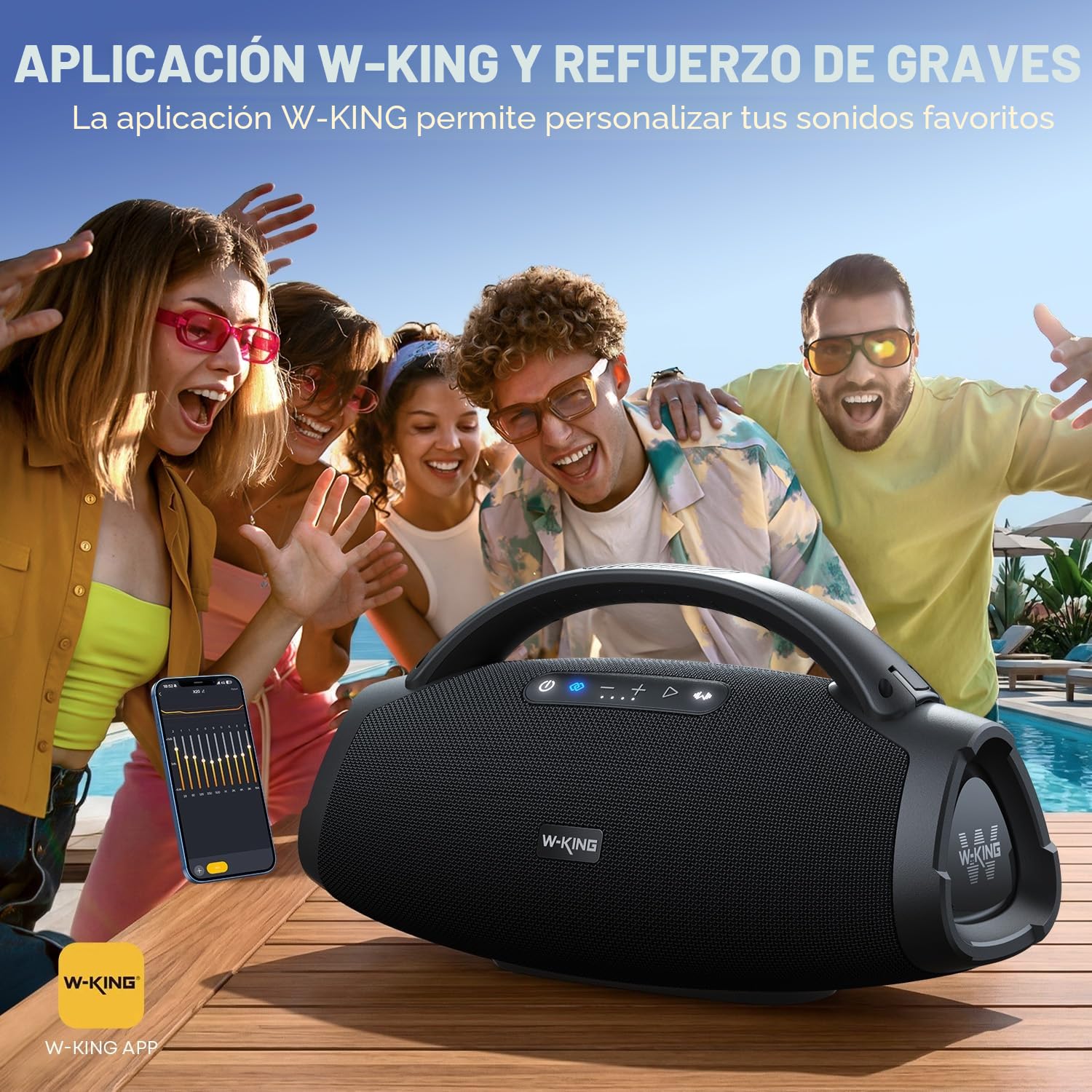 W-KING 330W Peak 200W RMS Altavoz Bluetooth portátil, Grande Caja De Música, Boombox Portátil Ruidoso Supergraves, Speaker con EQ App/Bluetooth 5.4/IPX7/PowerBank/Carga Rapida/USB/AUX/30H/Guitare-IN