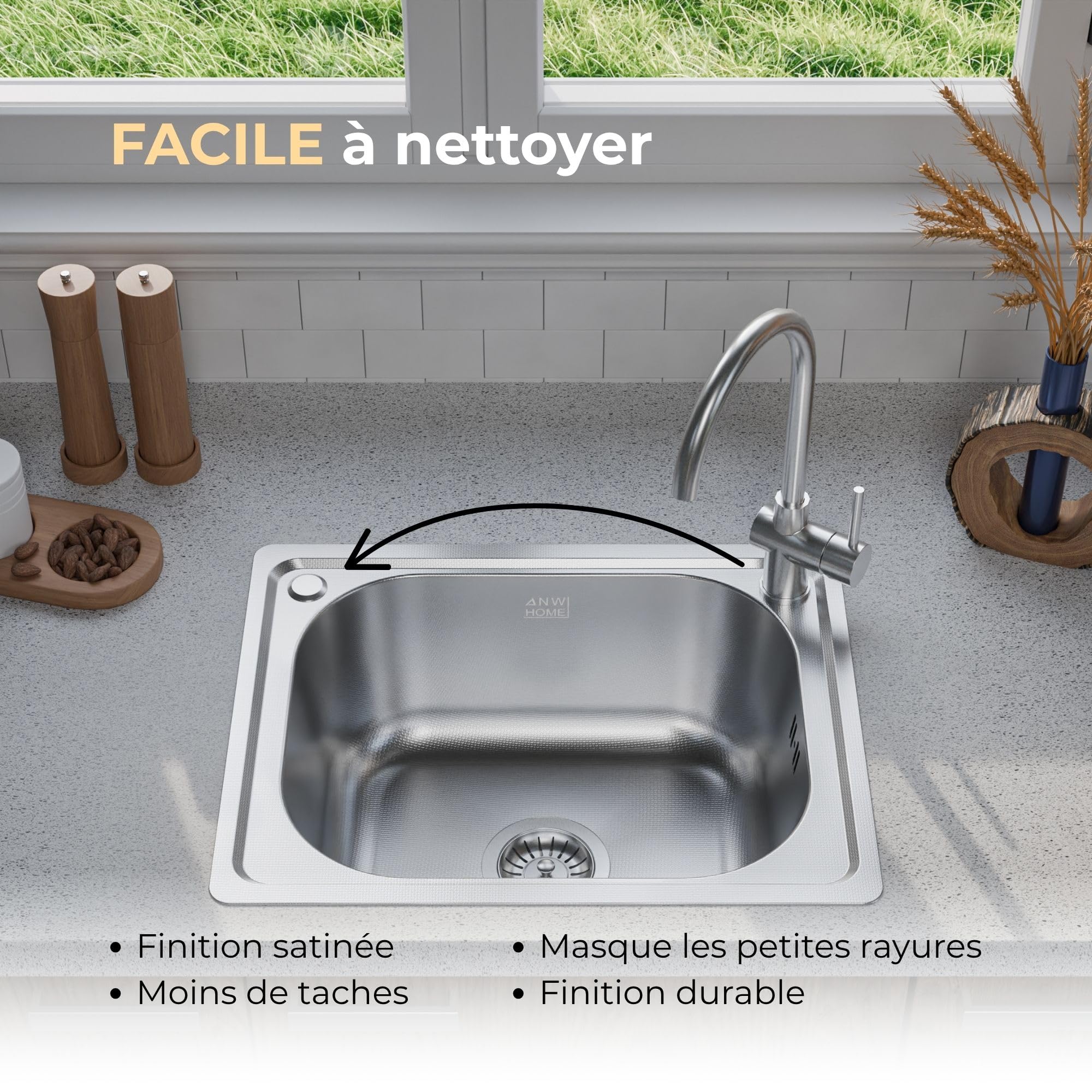 ANW HOME Evier Cuisine 50x40 cm, Evier Inox 1 Bac à Encastrer, Finition Anti-Rayures, Épaisseur 1 mm, avec Siphon
