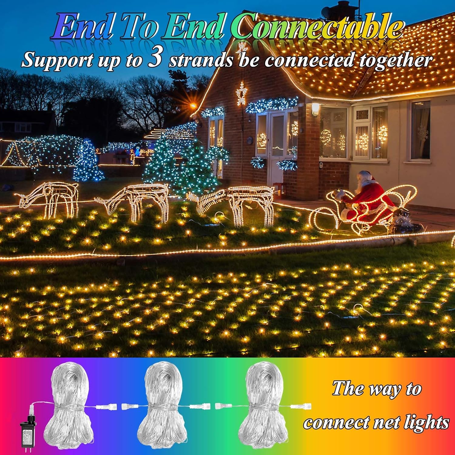 LitHome 204 LED Christmas Net Lights Outdoor Connectable, 9.8ft x 6.6ft Color Changing Christmas Net Lights with Remote, Red White and Blue Light Plug in for Bushes, July 4th, Xmas, Garden Decor