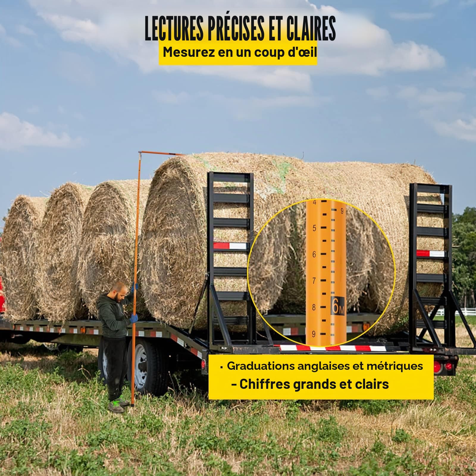 VEVOR Canne Télescopique Mesure Hauteur, Bâton de Mesure de la Hauteur de Charge Plage 149-610 cm, en Fibre de Verre avec Poteau Réglable, Non Conducteur avec Sac de Transport, pour Transport Camion