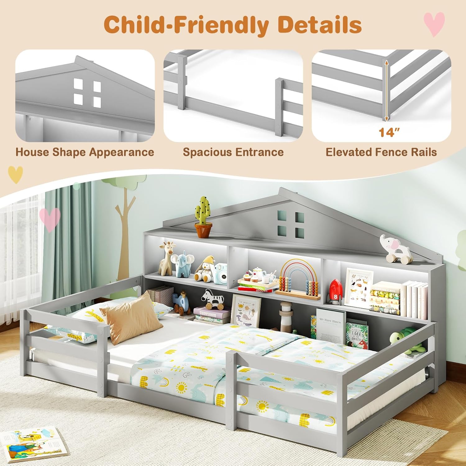 KOMFOTT Twin Floor Bed with Bookcase & LED Light, Wood Bed Frame with Bedside Bookshelves & Guardrails, Versatile 2-in-1 Montessori Floor Bed for Kids (Twin with Led Light,Grey)