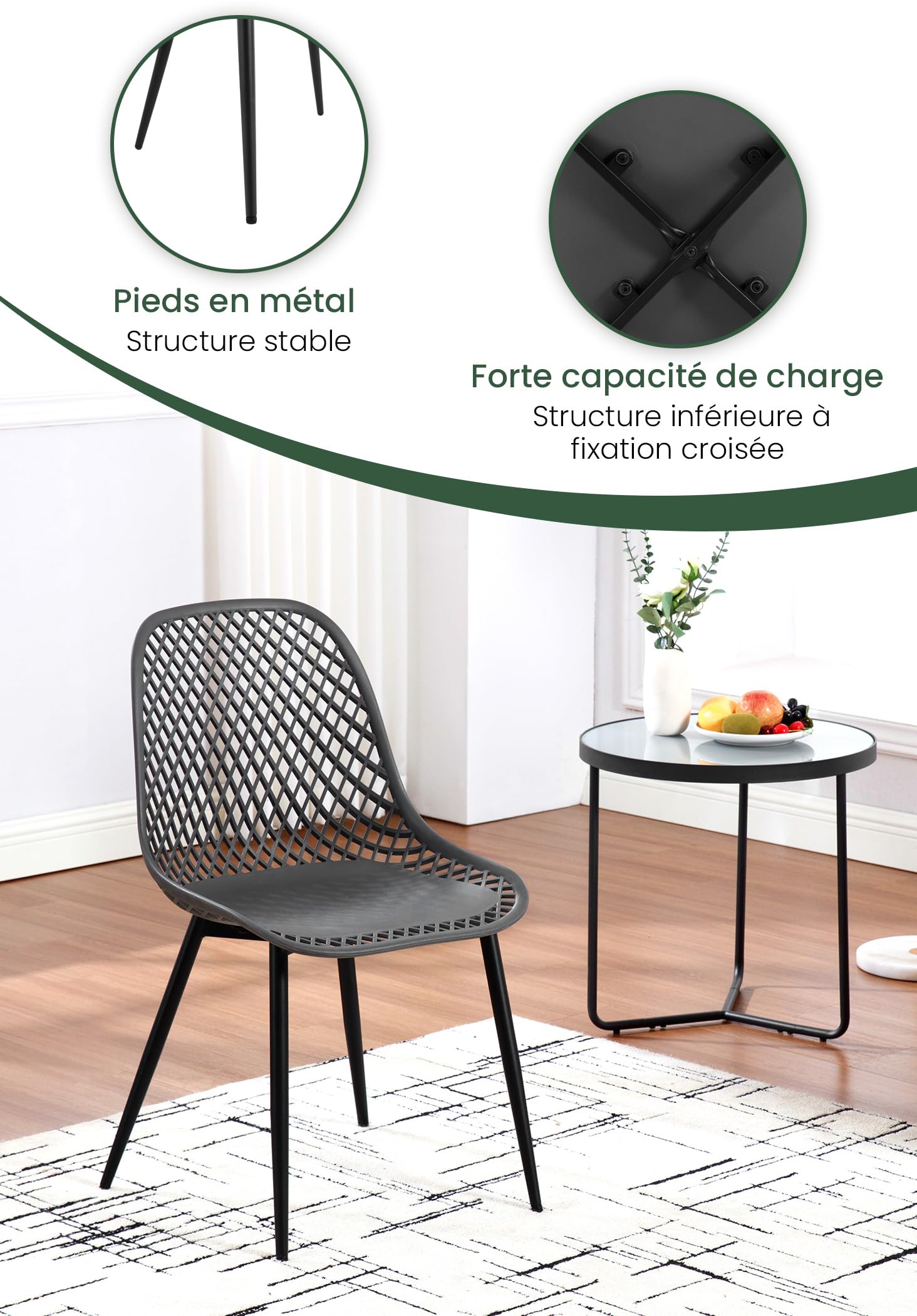 WOLTU Klihome Chaise de Salle à Manger Lot de 4,Noir | Chaise de Cuisine avec Pieds en Métal, Dossier Incurvé avec Design Évidé, Siège en PP