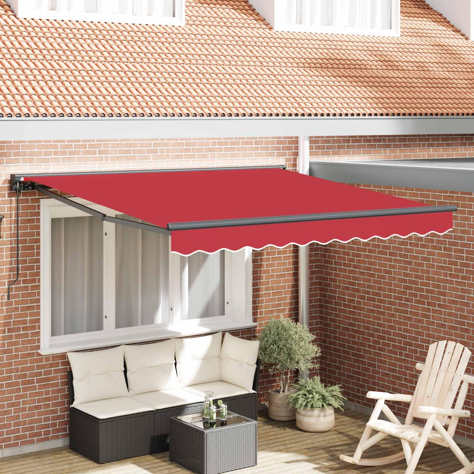 Store rétractable 350x250 cm rouge pour ombrager les déjeuners sur le patio