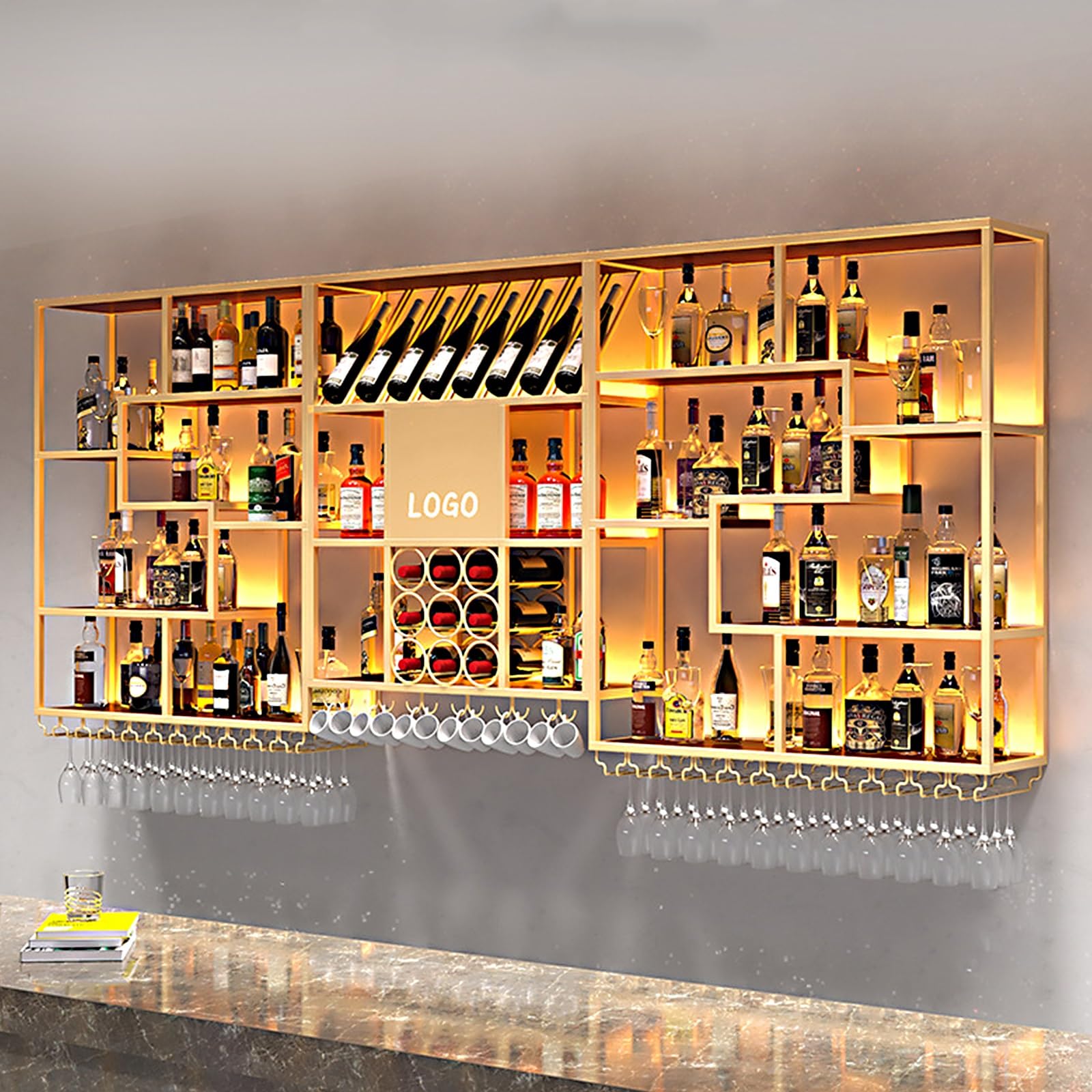 Wall Mounted Wine Rack Botellero de Hierro, Botellero de Pared Soldado a Mano, Botellero Vino Pared Industrial con Ganchos para Copas de Vino Cocina, Hogar, Bar(Gold)