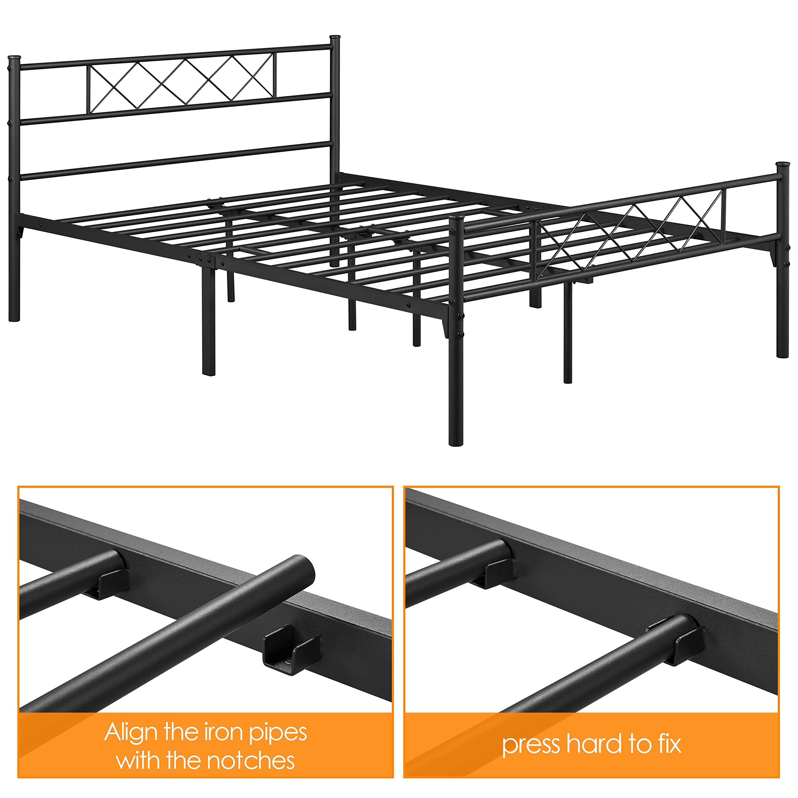 Yaheetech Modern Metallbett 140x200 cm Bettgestelle mit Lattenrost, Doppelbett/Einzelbett, Bettrahmen mit Kopfteil, Gästebett Jugendbett für Schlafzimmer Gästezimmer Schwarz