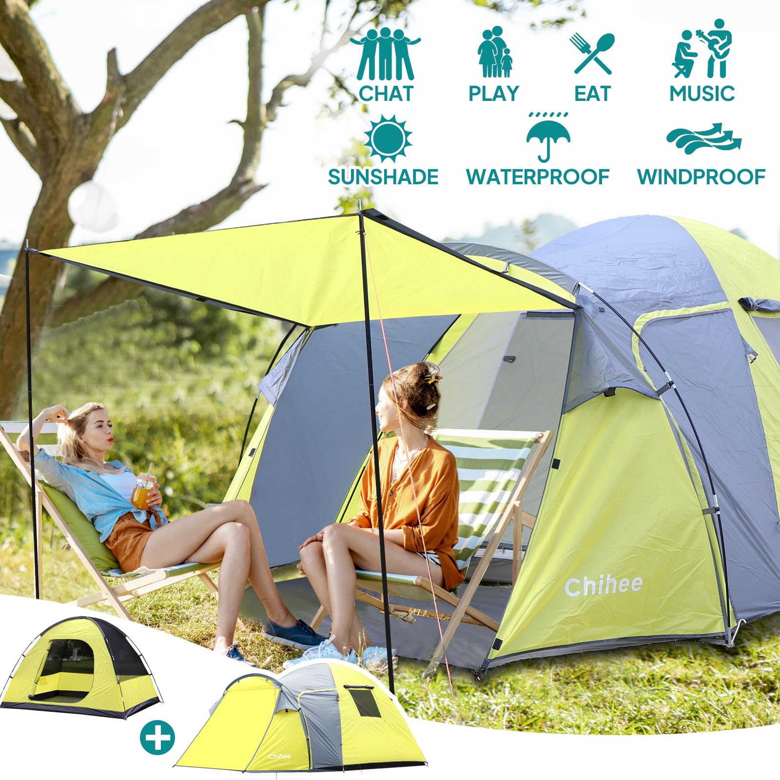 Chihee Tienda de campaña 3 Personas Doble Capa Carpas Cúpula Gran Capacidad 4 Estaciones Viajar Playa Mochilero Refugio al Aire Libre Tienda Impermeable a Prueba de Viento con Rainfly